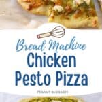 A homemade chicken pesto pizza on browned parchment paper.