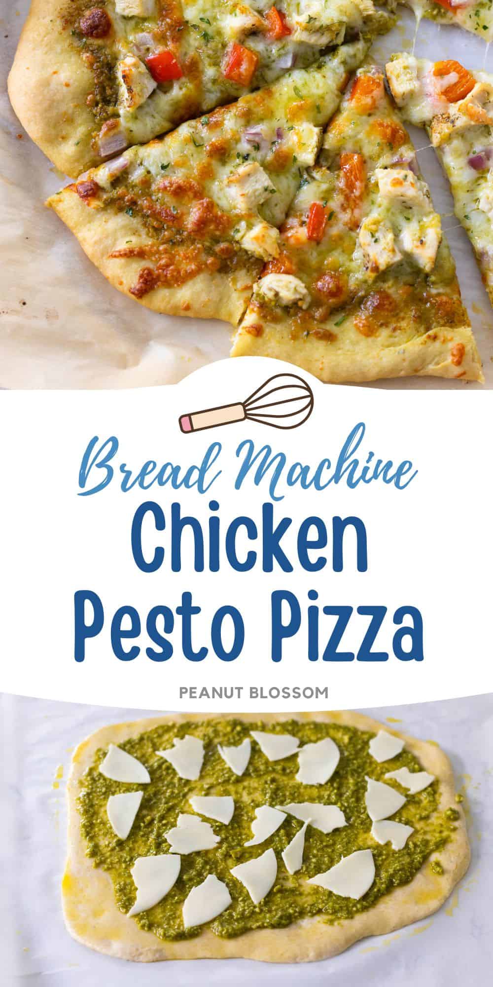 A homemade chicken pesto pizza on browned parchment paper.