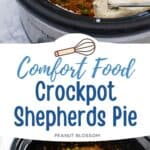 A slowcooker is filled with a beef stew topped with mashed potatoes and parsley.