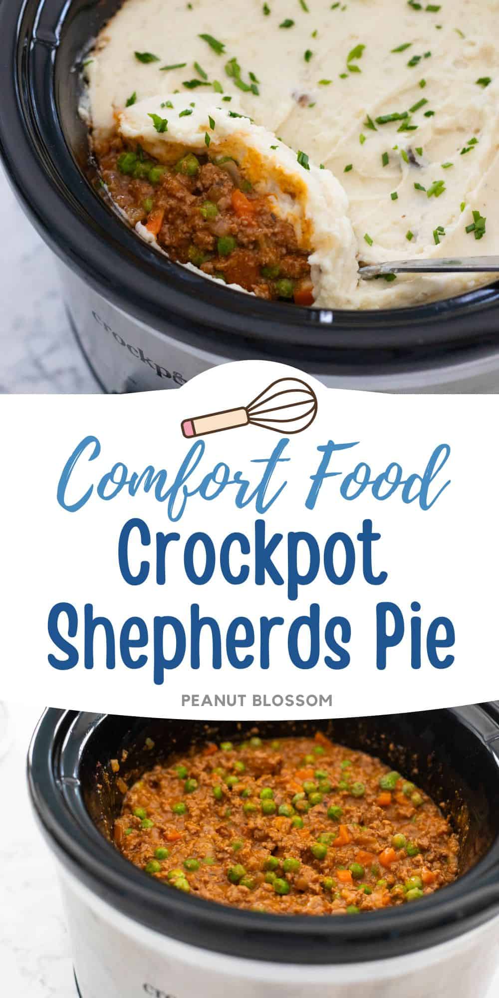 A slowcooker is filled with a beef stew topped with mashed potatoes and parsley.