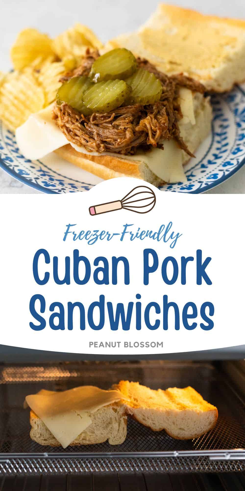 The Cuban pork sandwich photo is next to a photo of the bread under the broiler.