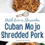 A bowl of shredded pork shoulder is in a white bowl surrounded by toppings to make nachos.