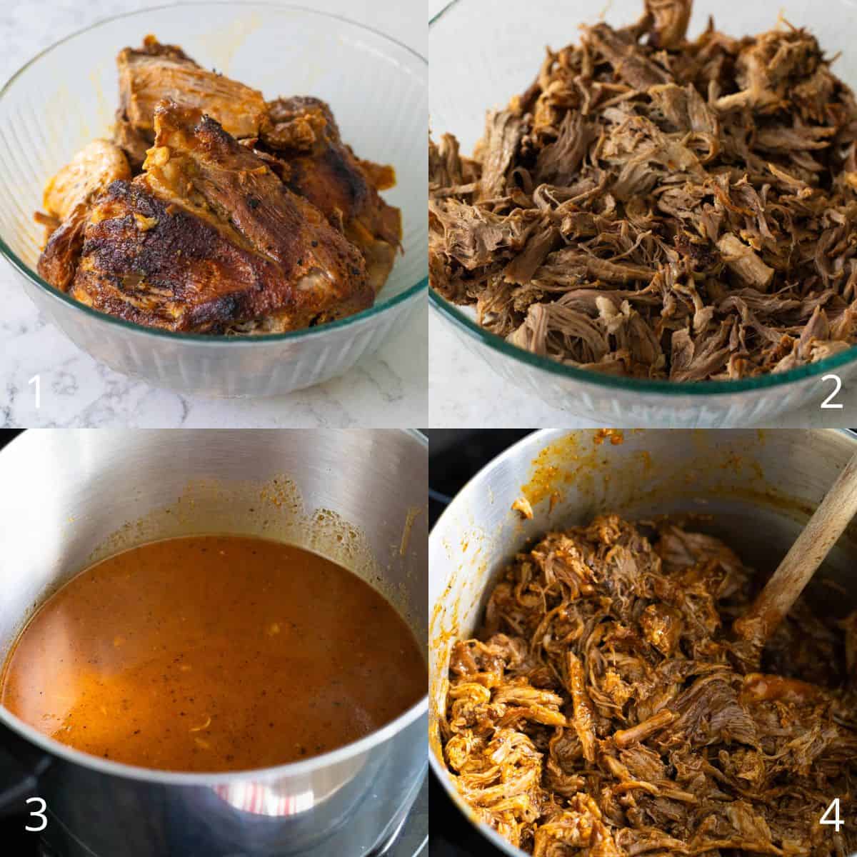 The step by step photos show how to shred the pork and reduce the cooking liquid into a sauce to drizzle over the meat.