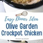 A slowcooker is filled with cream chicken and pasta. The bottom photo shows the ingredients needed to make it.