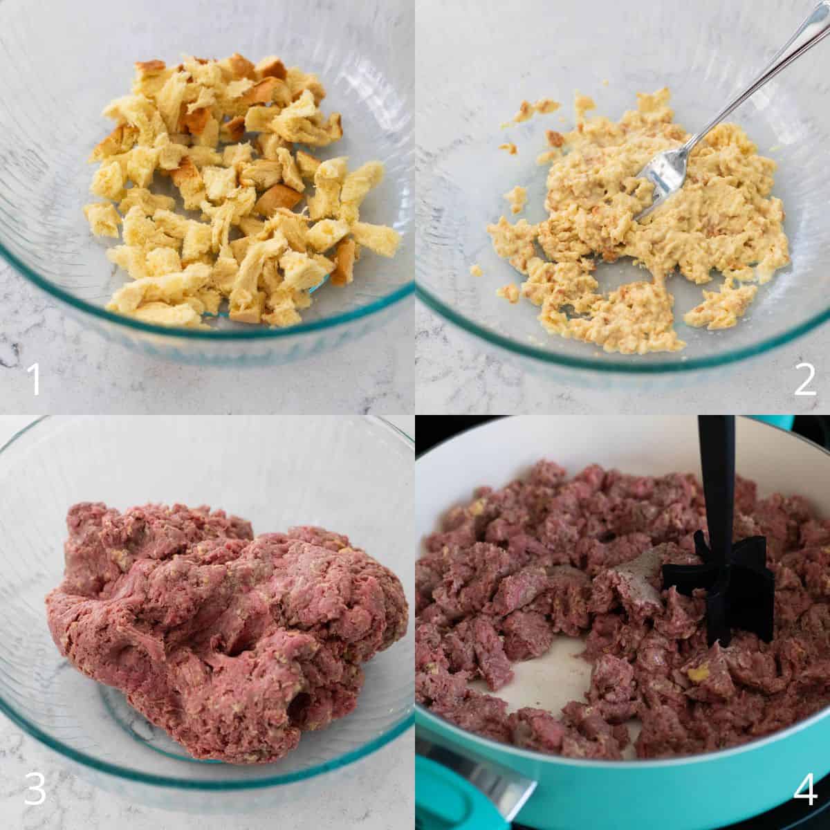 The step by step photos show how to soften the bread in milk and mix it with the beef to thicken it.