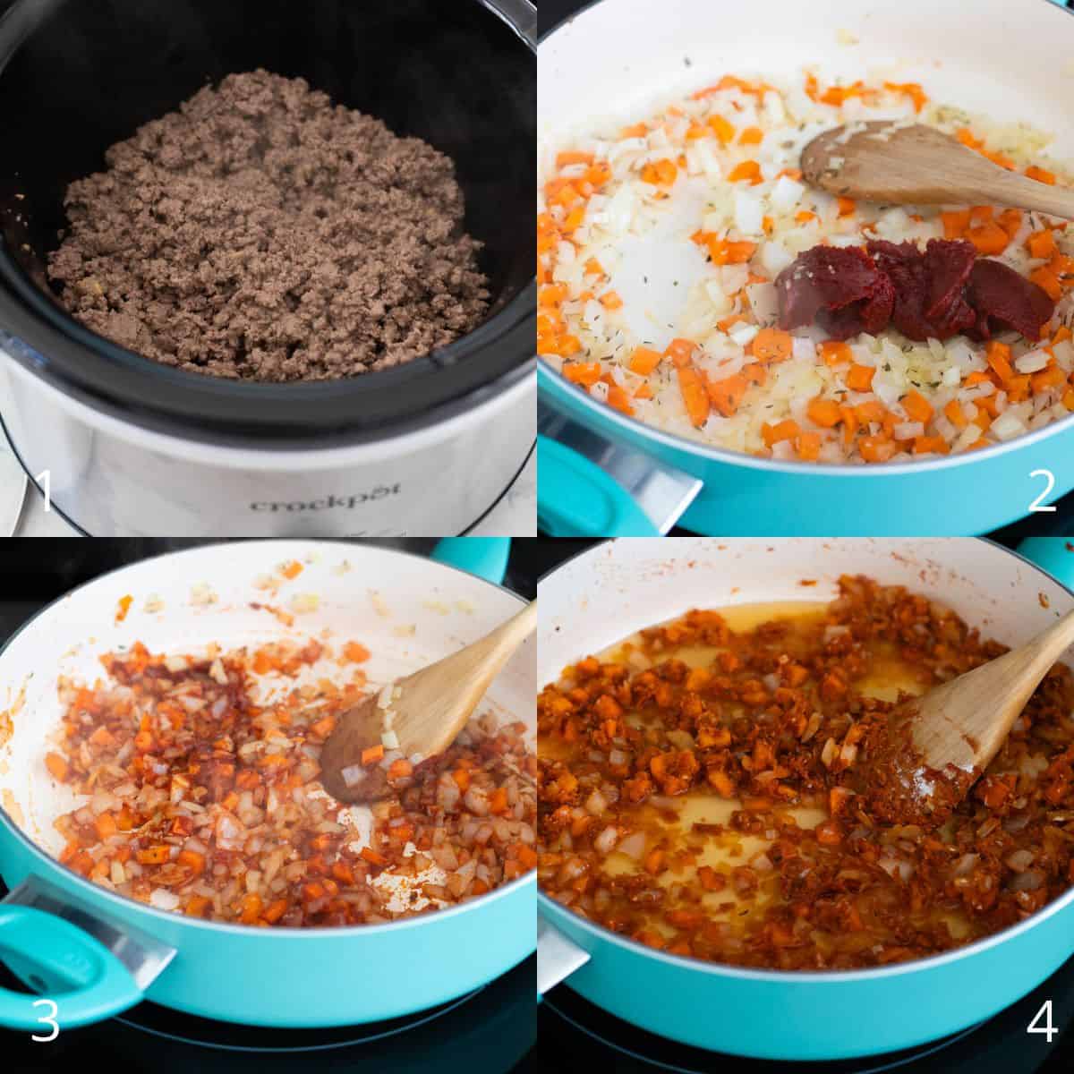 The step by step photos show how to soften the vegetables to flavor the beef.