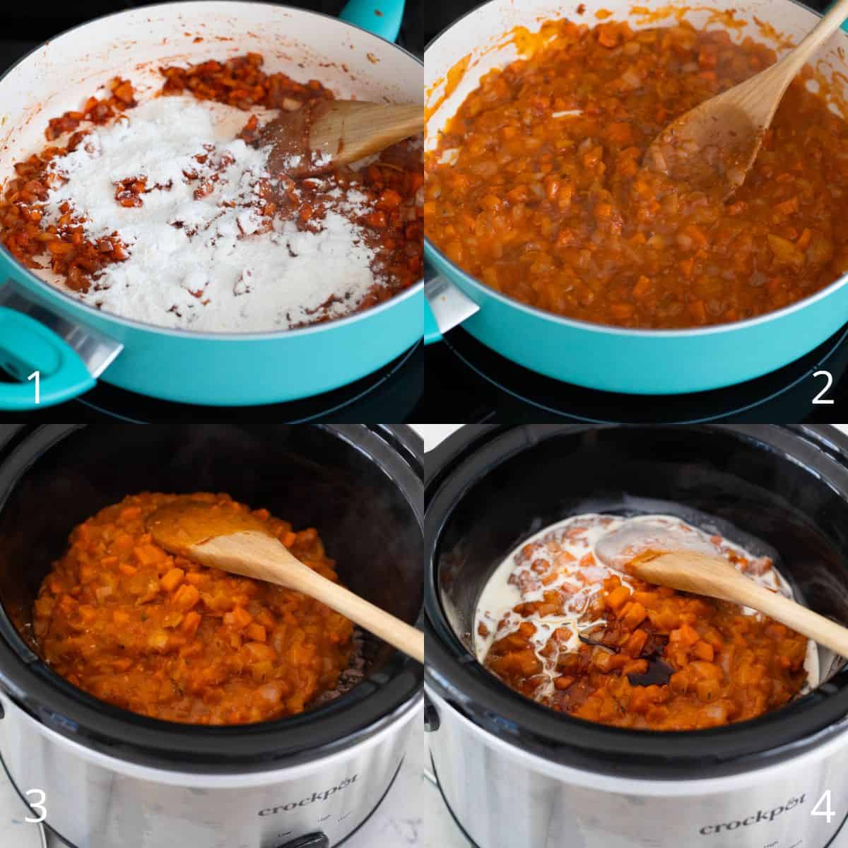 The step by step photos show how to add flour to the vegetable sauce and add cream to the beef.