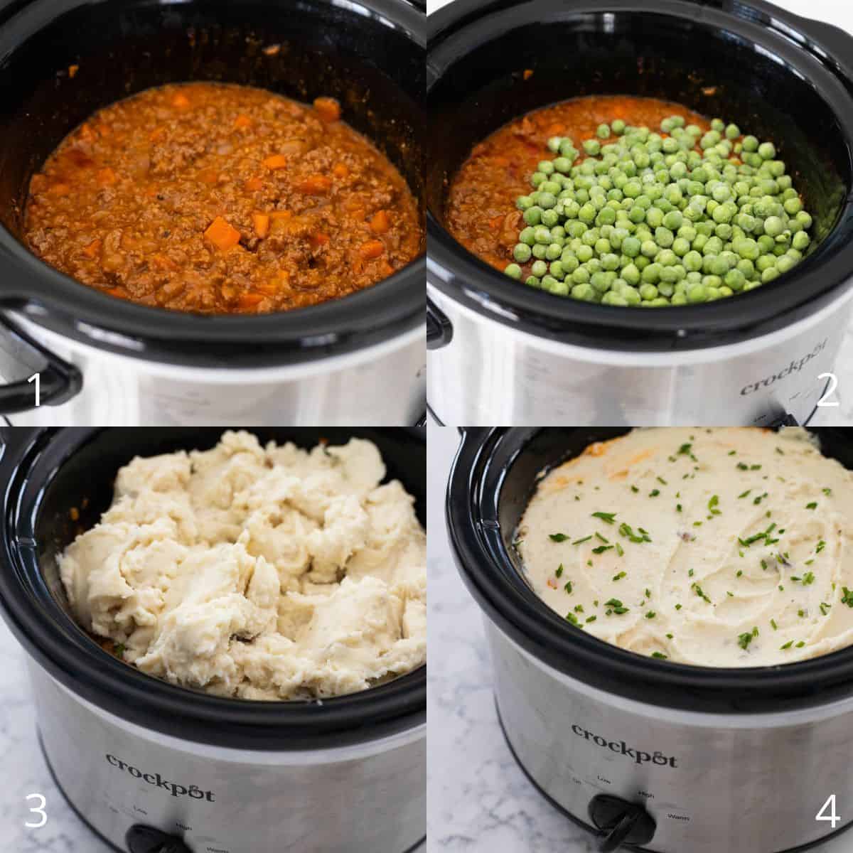 The step by step photos show how to add peas and mashed potatoes to finish the shepherds pie.