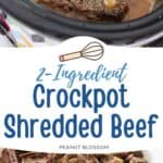 The photo collage shows the beef in the slowcooker next to a photo of the beef shredded in a bowl.