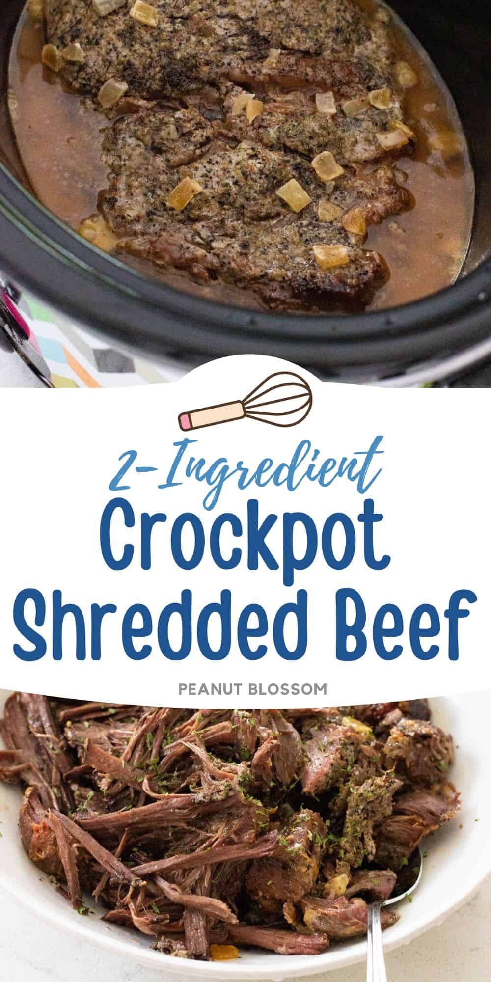 The photo collage shows the beef in the slowcooker next to a photo of the beef shredded in a bowl.