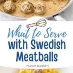 Swedish meatballs are shown in the skillet with gravy and on top of a bowl of wavy egg noodles.