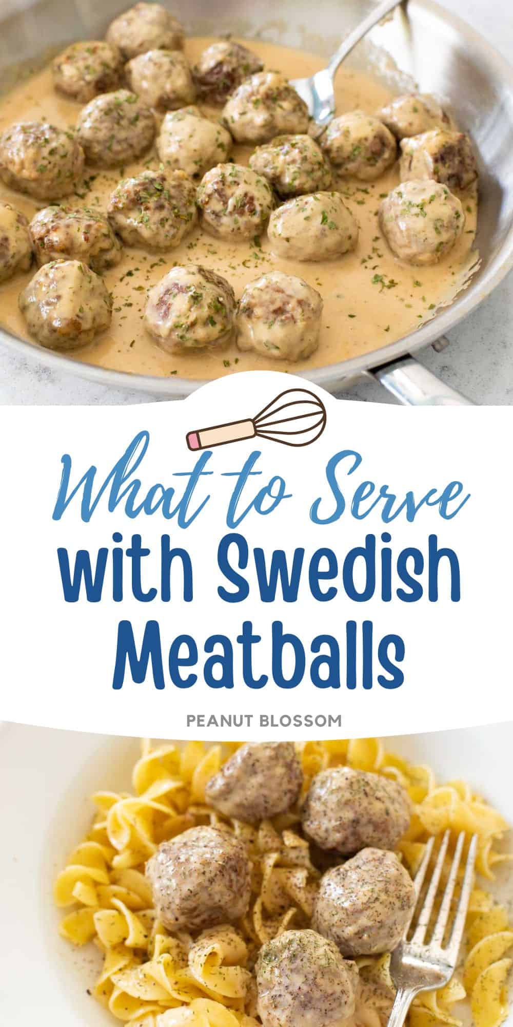 Swedish meatballs are shown in the skillet with gravy and on top of a bowl of wavy egg noodles.