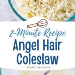 Creamy coleslaw made with angel hair sliced cabbage is in a mixing bowl.