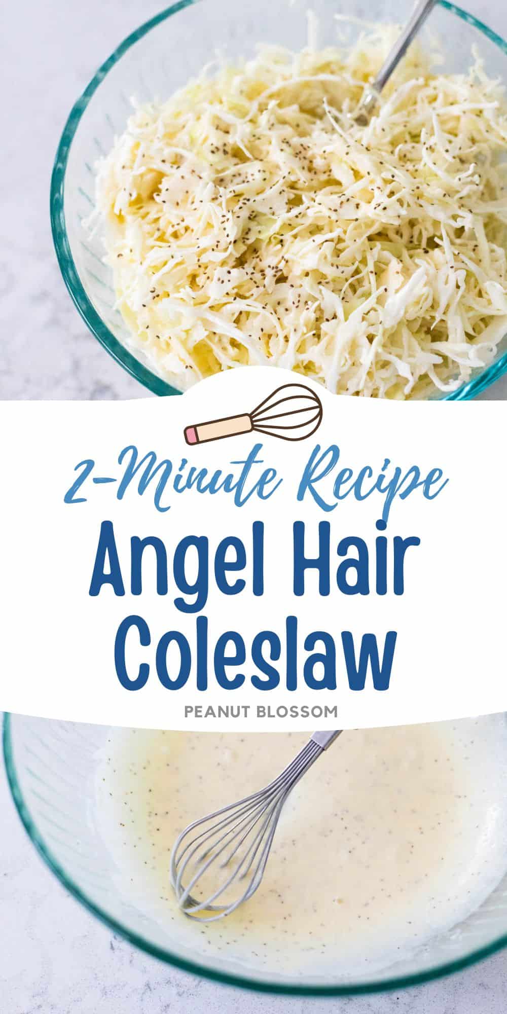 Creamy coleslaw made with angel hair sliced cabbage is in a mixing bowl.