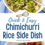 The photo collage shows the chimichurri rice bowl next to a dinner plate with sliced flank steak and roasted tomatoes.