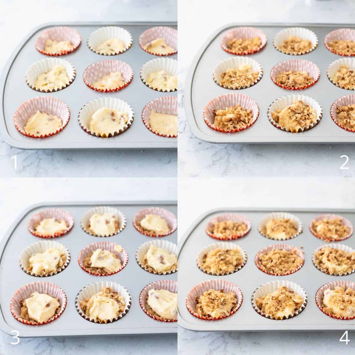 The step by step photos show how to assemble the streusel and muffin batter.