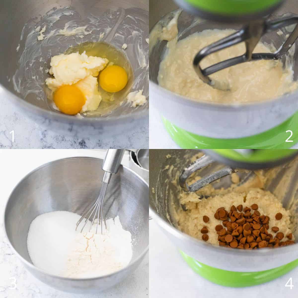 The step by step photos show how to make the muffin batter in the bowl of a stand mixer.