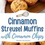 The photo collage shows the baked muffins on a platter next to a photo of one of the muffins split open to show the cinnamon chips inside.