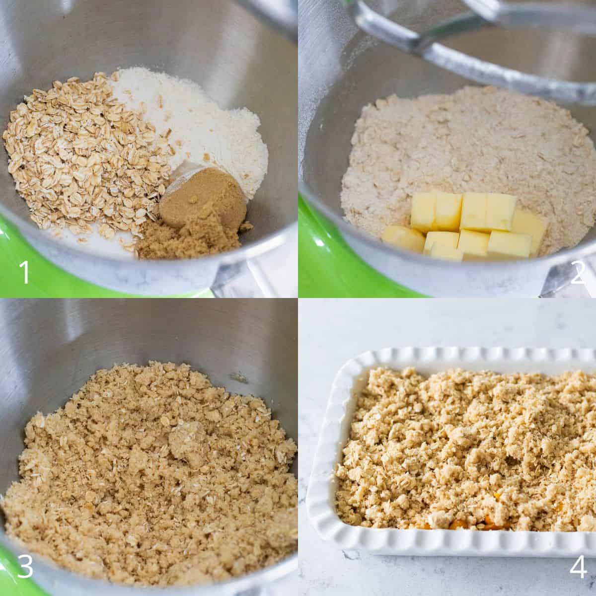 The step by step photos show how to mix the flour, sugar, butter, and oats to make a fruit crisp topping in a stand mixer.