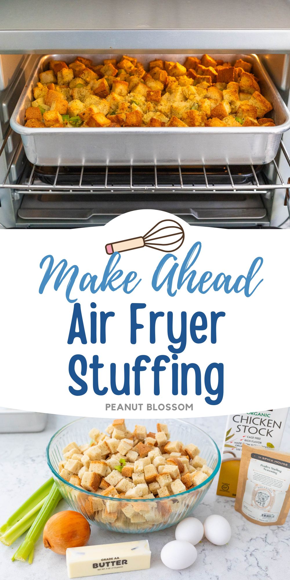 The photo collage shows the stuffing in the air fryer next to the ingredients needed to make it.