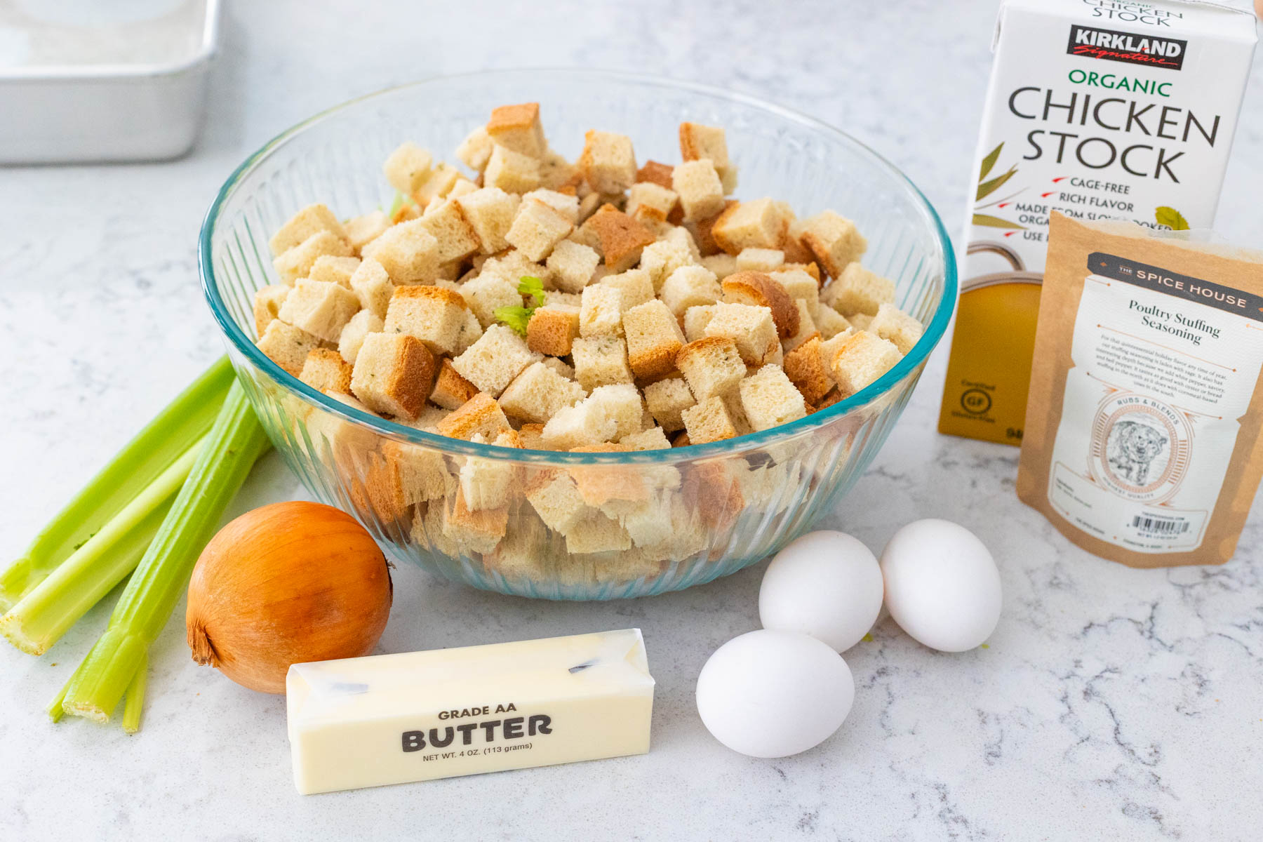 The ingredients to make stuffing are on the counter.