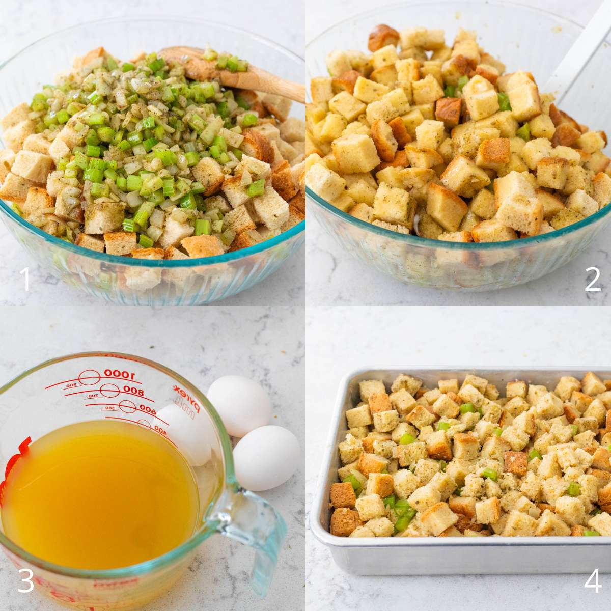 The step by step photo collage shows how to mix together the stuffing.