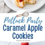 The cookies topped with fresh apples and caramel have been served on a white platter.