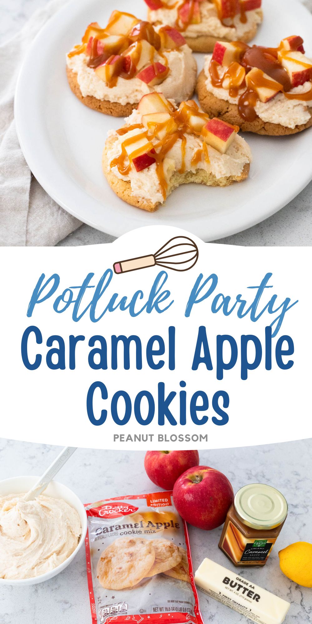 The cookies topped with fresh apples and caramel have been served on a white platter.
