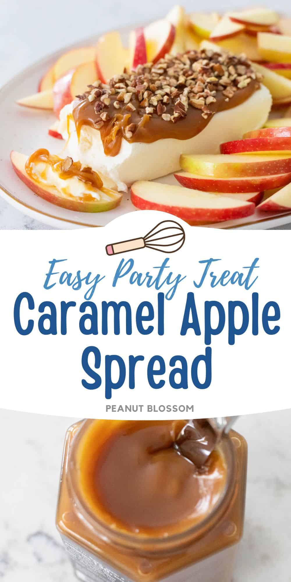 The cream cheese covered in caramel sauce is surrounded by fresh apple slices.