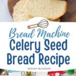 The loaf of bread has been sliced and sits on a platter next to a cup of celery seeds.