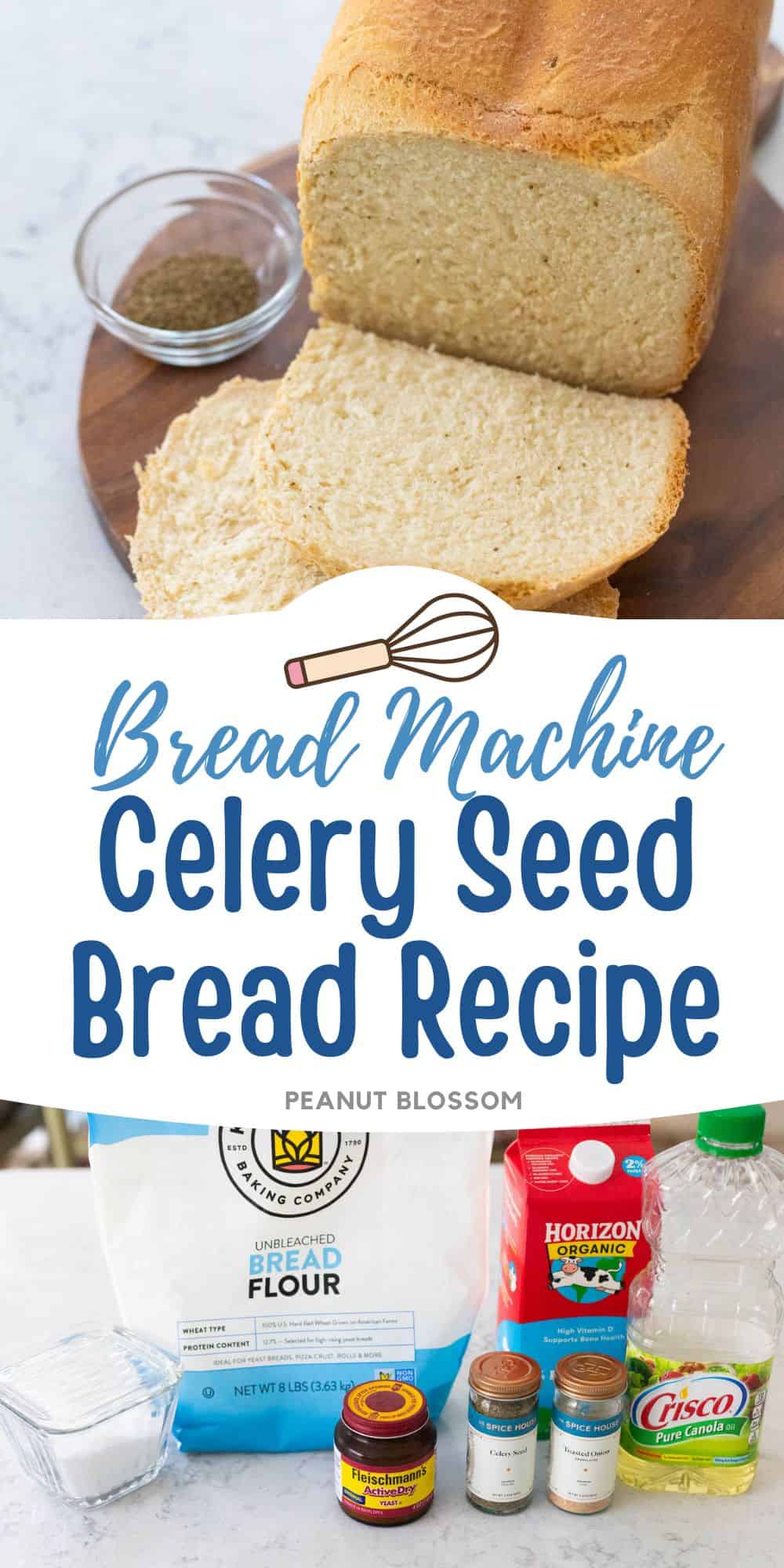 The loaf of bread has been sliced and sits on a platter next to a cup of celery seeds.