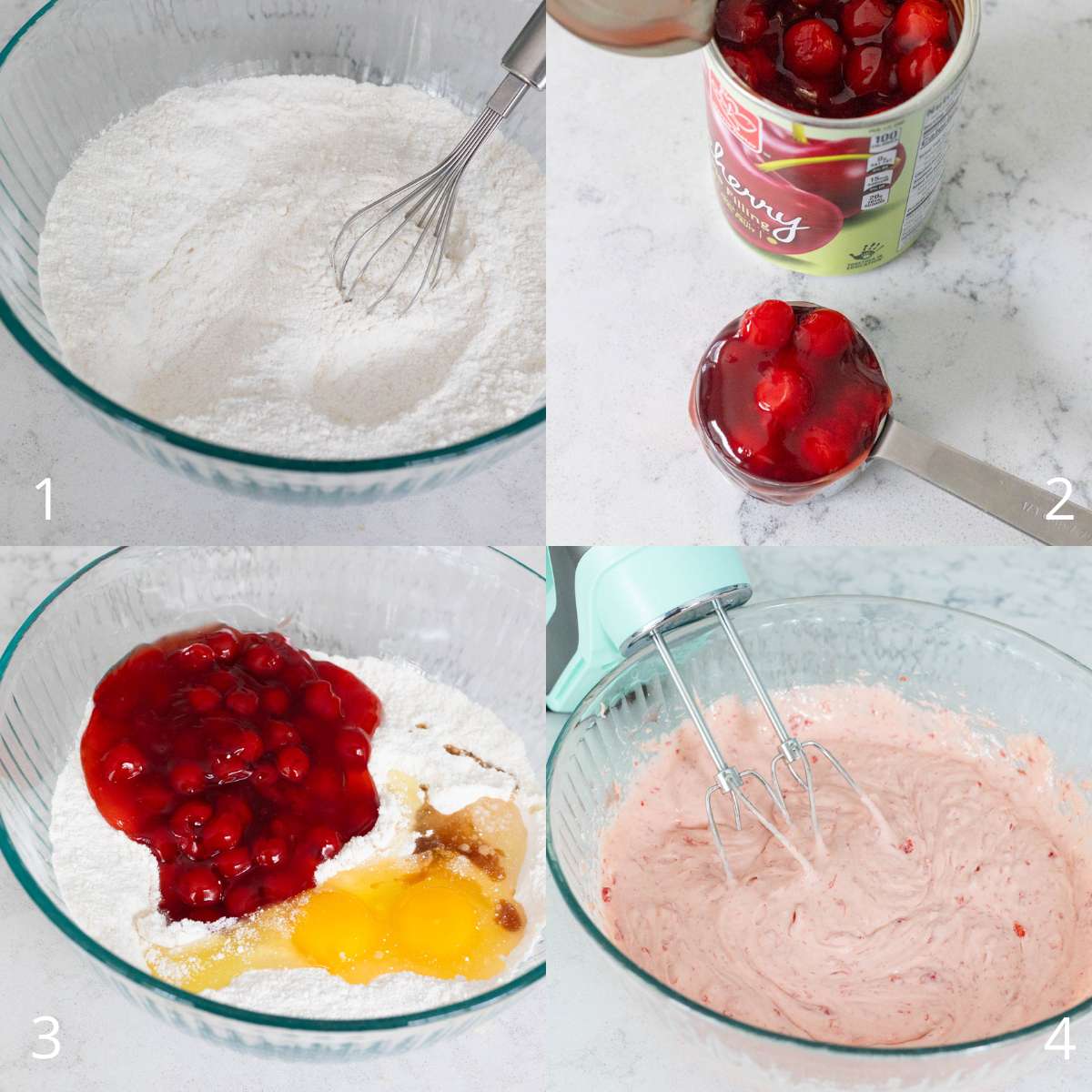 The step by step photos show how to mix the cherry pie filling into the cake mix.
