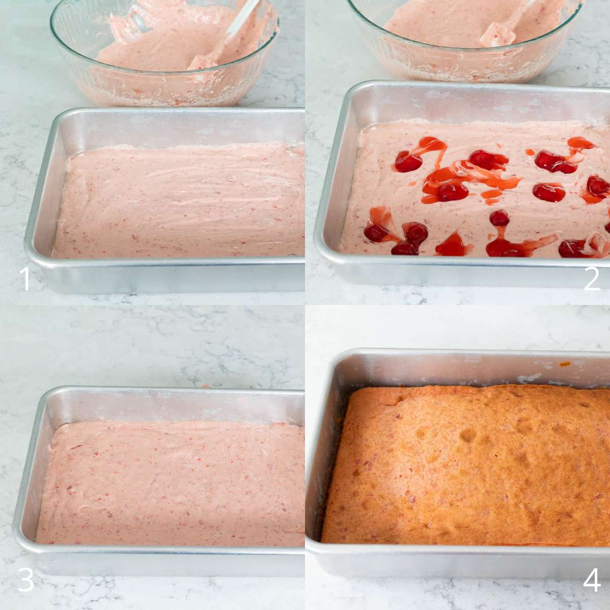 The step by step photos show how to layer the prepared cake batter with cherry pie filling spoonfuls to bake the cake.