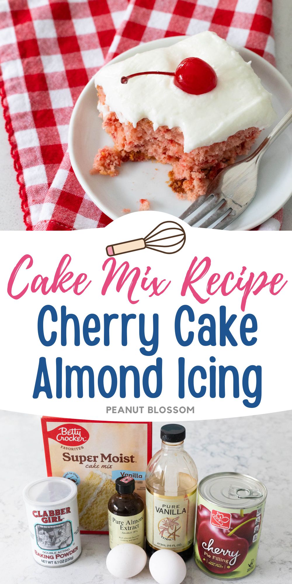 The photo collage shows the slice of cake next to the ingredients needed to make it.
