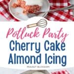 The photo collage shows a slice of cherry cake with a cherry on top next to cake pan with the finished cake ready to serve.