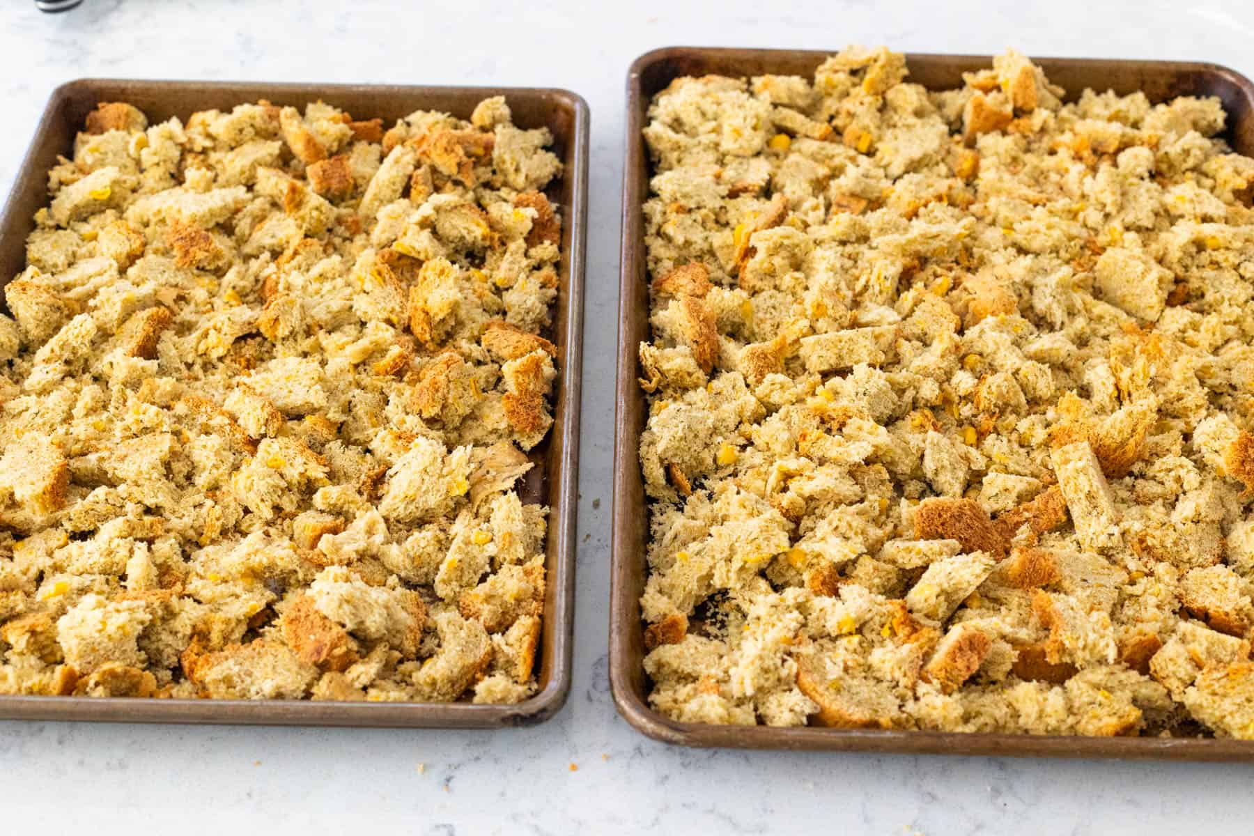 The bread has been ripped into small pieces and spread on two baking sheets.