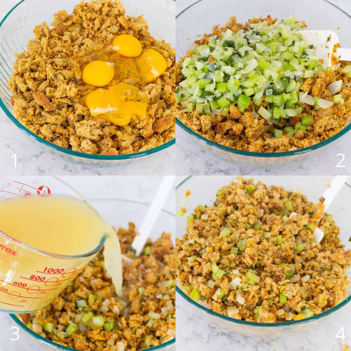 The step by step photo collage shows how to add the eggs, softened veggies, and chicken stock to assemble the dressing.