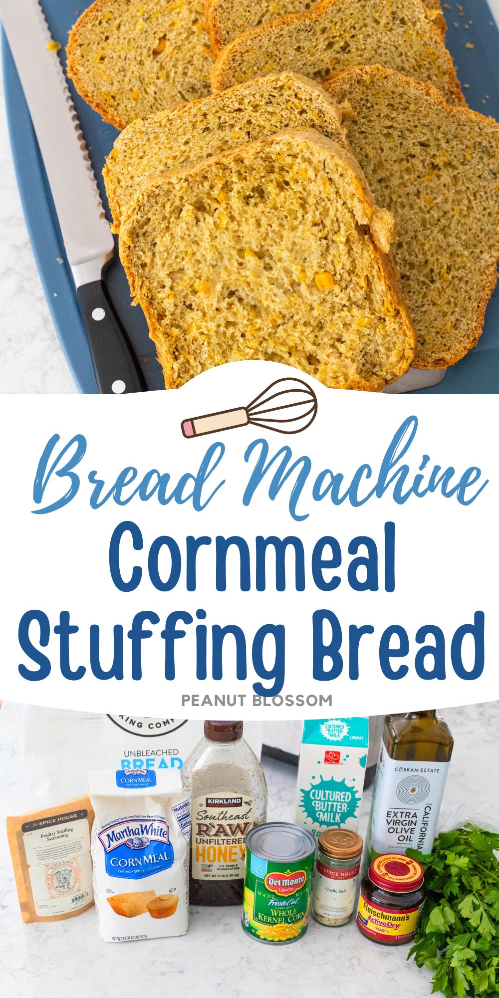The cornmeal stuffing bread has been sliced, the second photo shows the ingredients needed to make it.