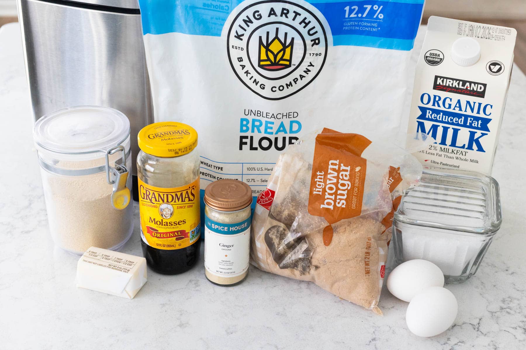The ingredients to make Gingerbread Bread are on the kitchen counter.