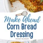 The photo collage shows the baked cornbread dressing next to the ingredients needed to make it.