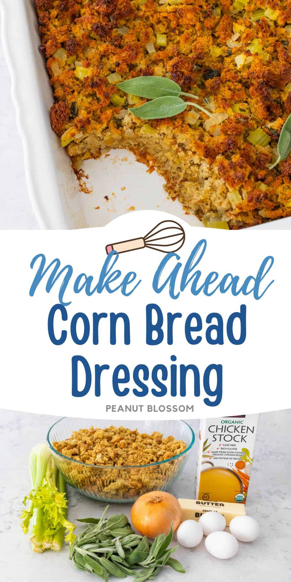 The photo collage shows the baked cornbread dressing next to the ingredients needed to make it.