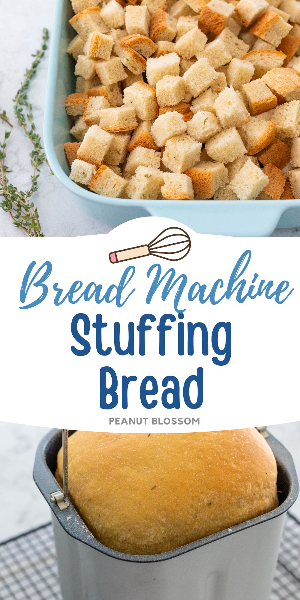 The photo collage shows the cubed bread in a baking dish next to the loaf in a bread machine pan.
