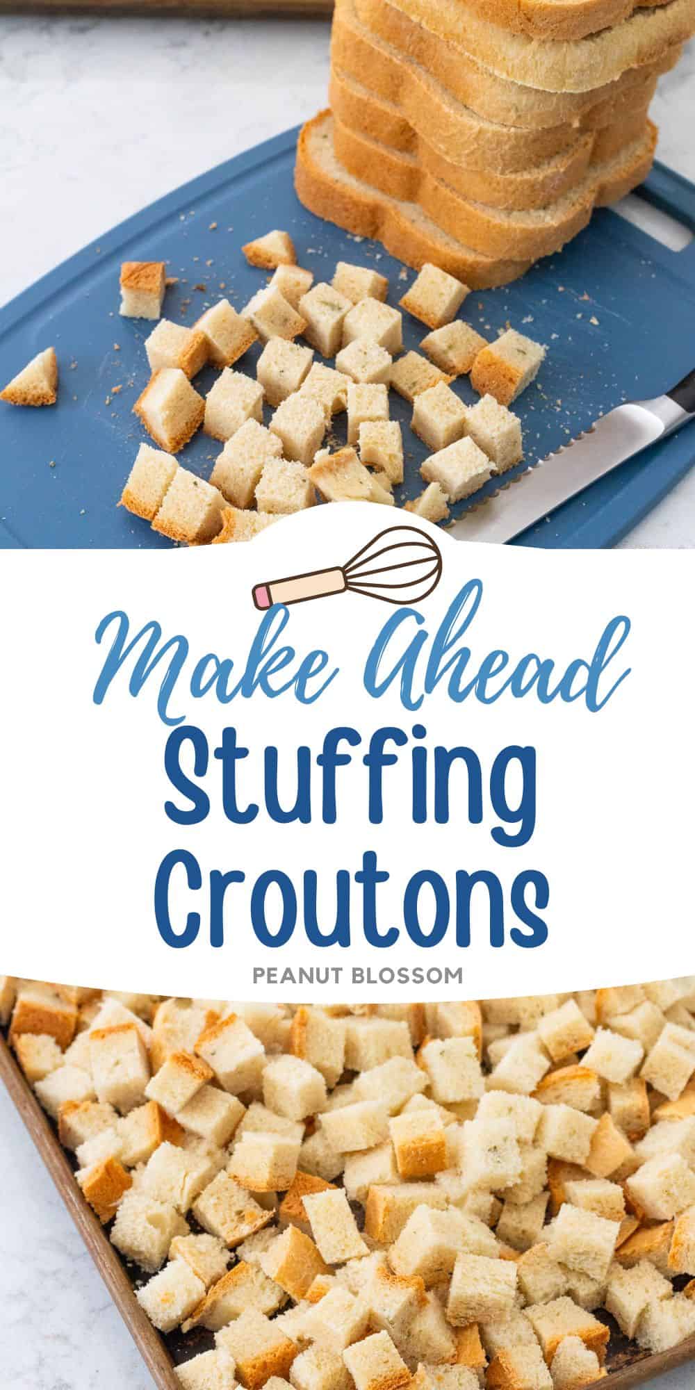 The photo collage shows the cubed bread being baked for croutons.