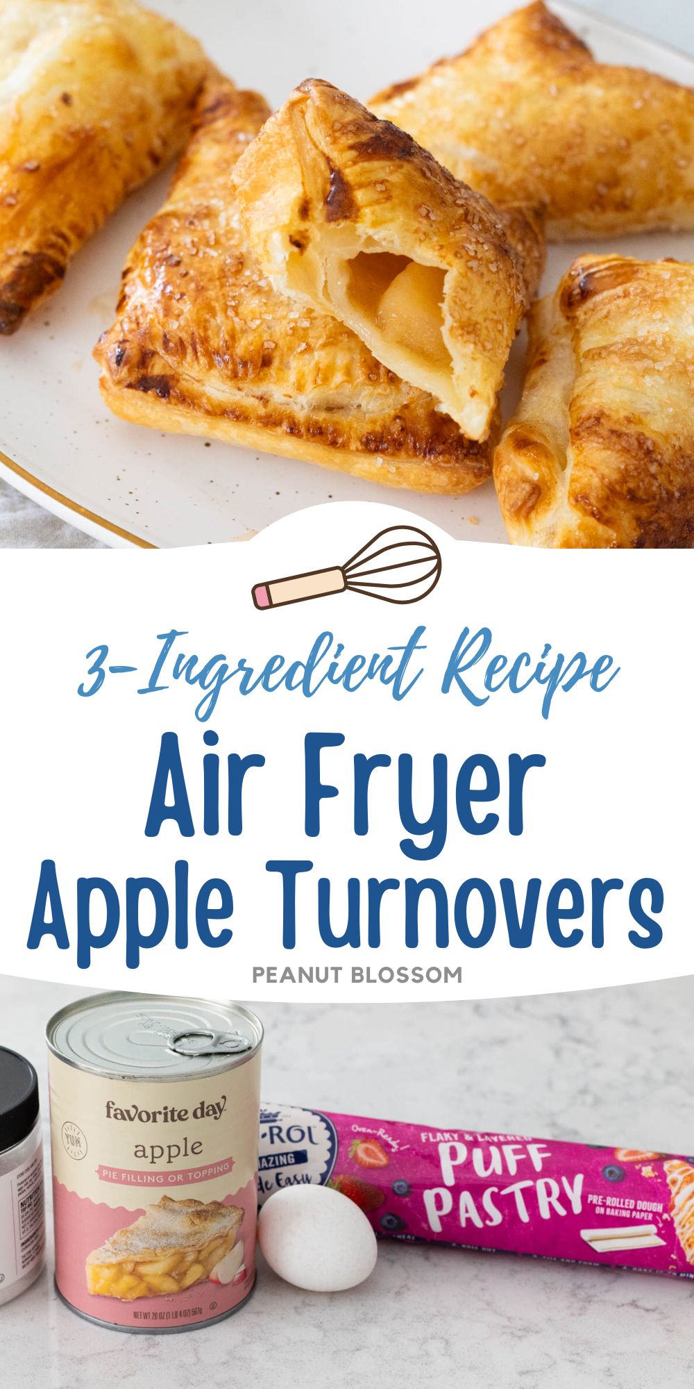 The photo collage shows an apple turnover with a bite taken out of it to show the apple filling next to a photo of the ingredients used to make it.