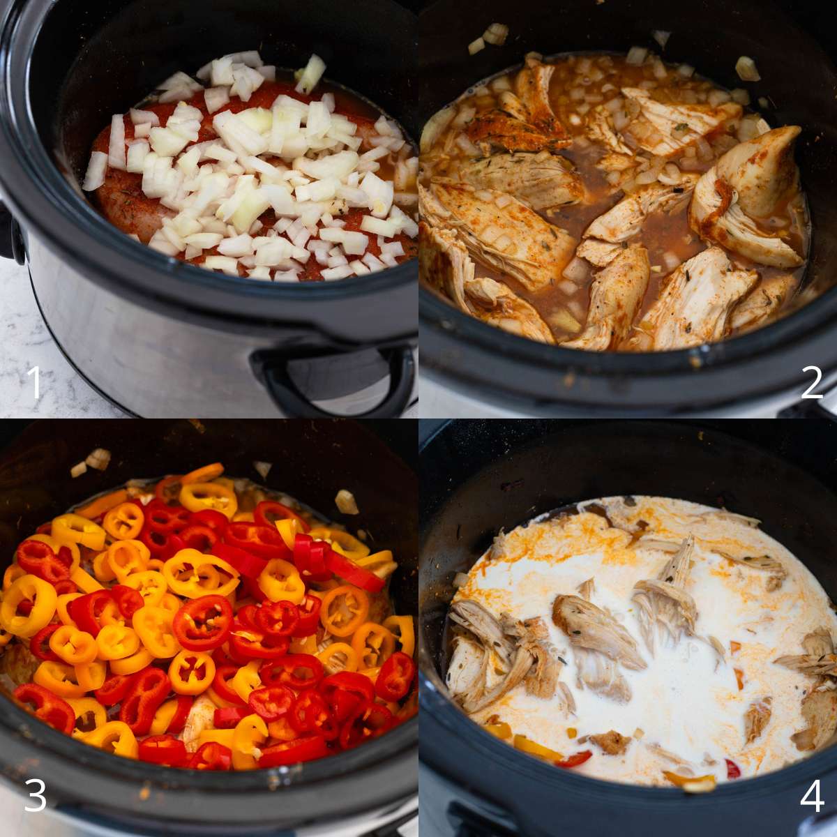 The step by step photos show how to cook and shred the chicken and add the sliced peppers and cream.