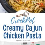 The slowcooker is filled with long noodles, chunks of chicken, bell peppers, and is sprinkled with grated parmesan cheese on top.