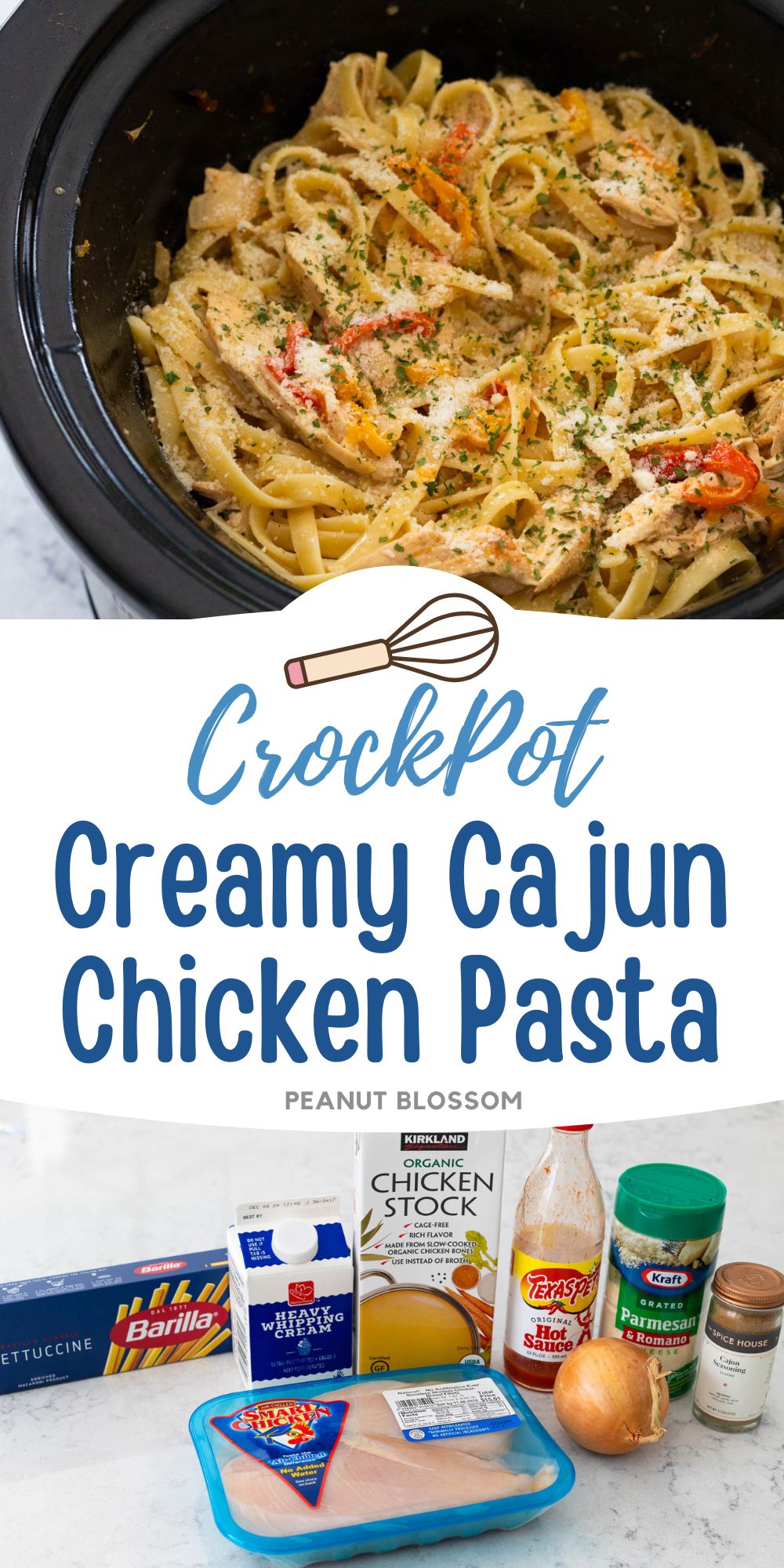 The slowcooker is filled with long noodles, chunks of chicken, bell peppers, and is sprinkled with grated parmesan cheese on top.