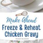 The photo collage shows the gravy boat filled with gravy next to the photo of the ingredients needed to make it.