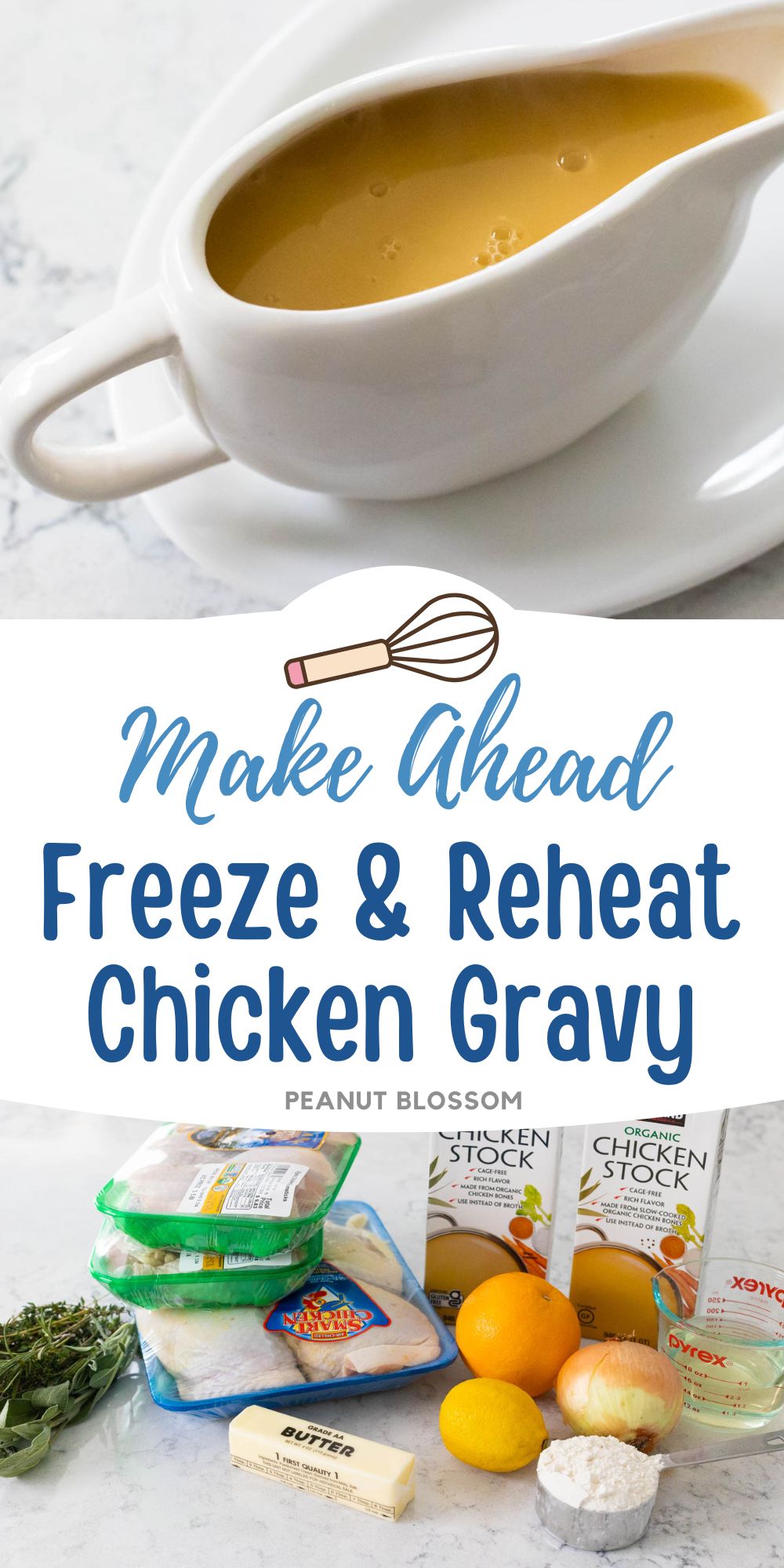 The photo collage shows the gravy boat filled with gravy next to the photo of the ingredients needed to make it.