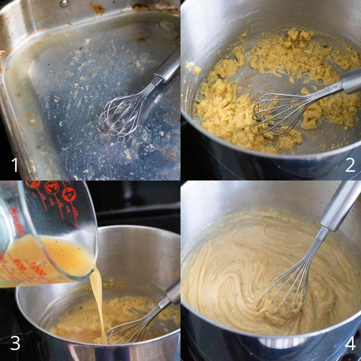 The step by step photos show how to deglaze the roasting pan, make the roux, and pour in the cooking liquid.
